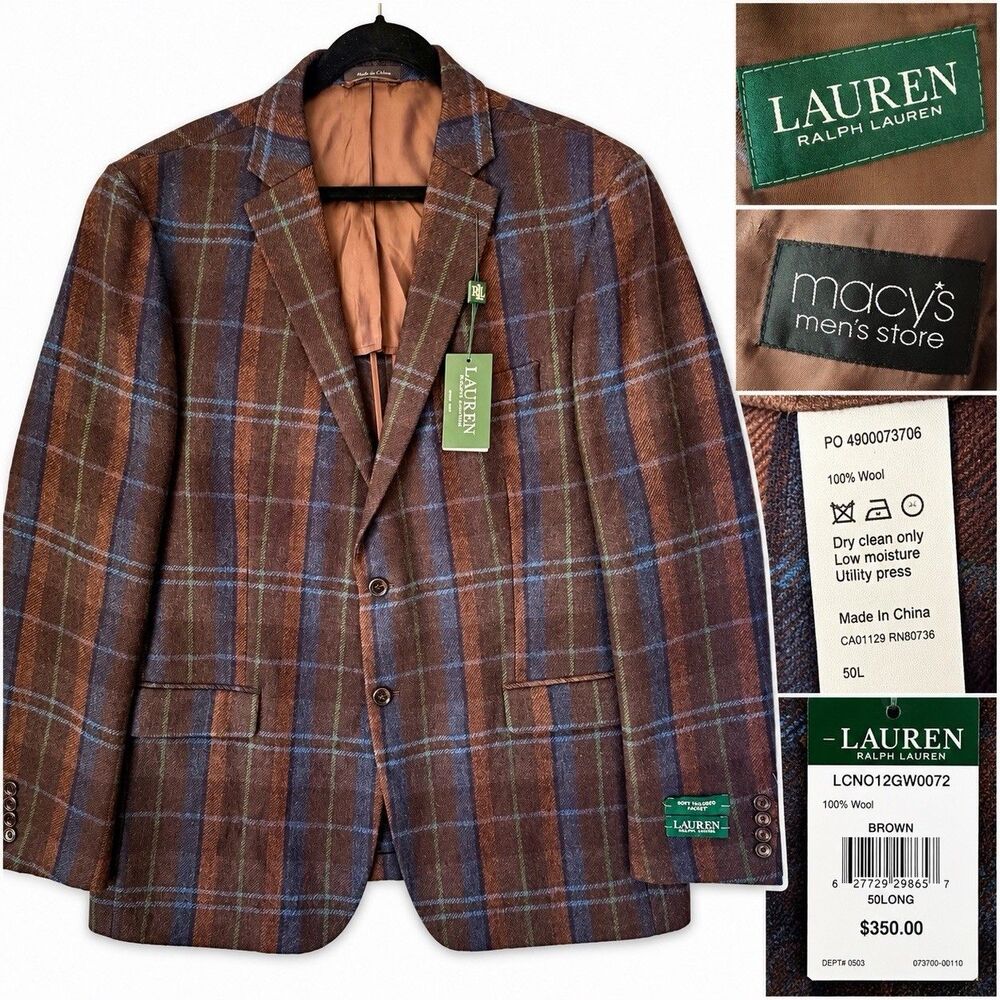 Lauren Ralph Lauren Men 50L Wool Plaid Sport Coat Blazer Brown Blue NWT Macy’s